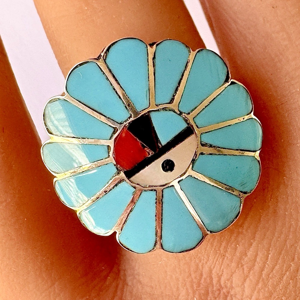 Zuni Sunface Turquoise Ring Sz 12 Coral Signed Handmade Sterling Native American